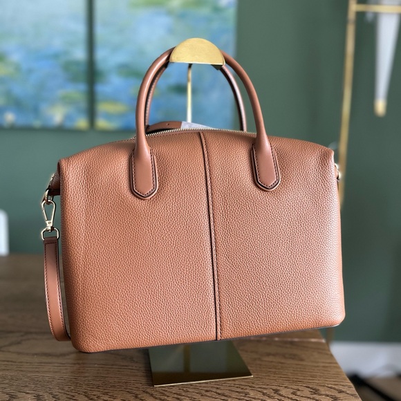 NWT! NEW! KORS Michael Kors Hyde Large Pebbled Leather Satchel -Caramel Luggage - Picture 3 of 12